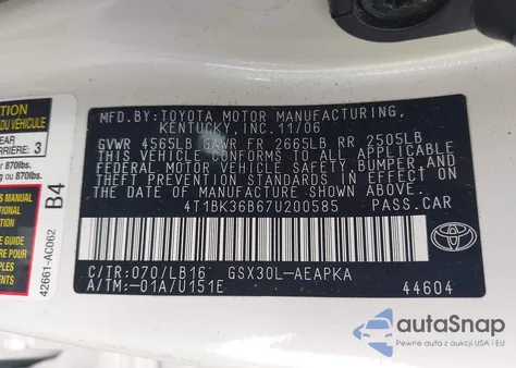 2007 Toyota Avalon Limited from USA, damaged, VIN 4T1BK36B67U200585